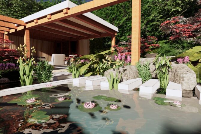 3D ontwerp tuin met waterpartij